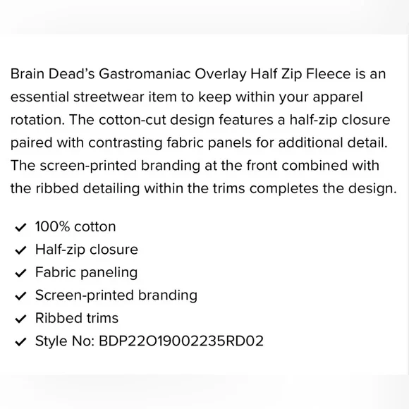 BRAIN DEAD GASTROMANIAC OVERLAY HALF
ZIP FLEECE - MAROON Men’s LARGE - Picture 8 of 8